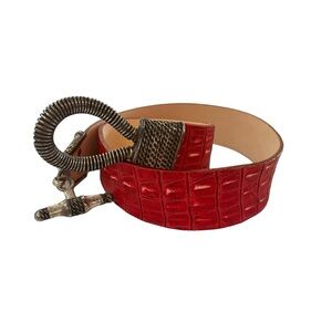 Vintage 80s Croc Leather Toggle Clasp Red Belt